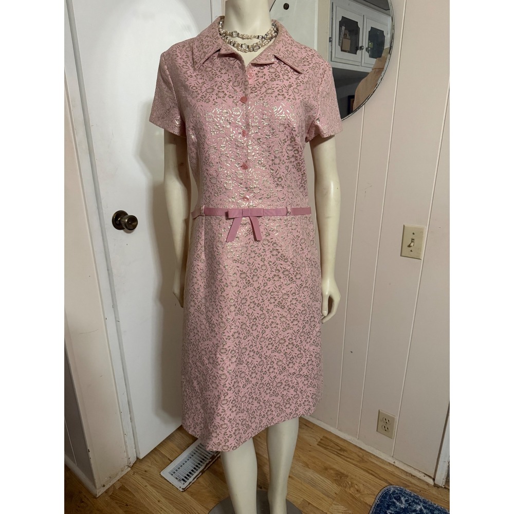 Sara Campbell Pink Gold Metallic Floral Brocade Belted Shirt Dress Size 12 USA